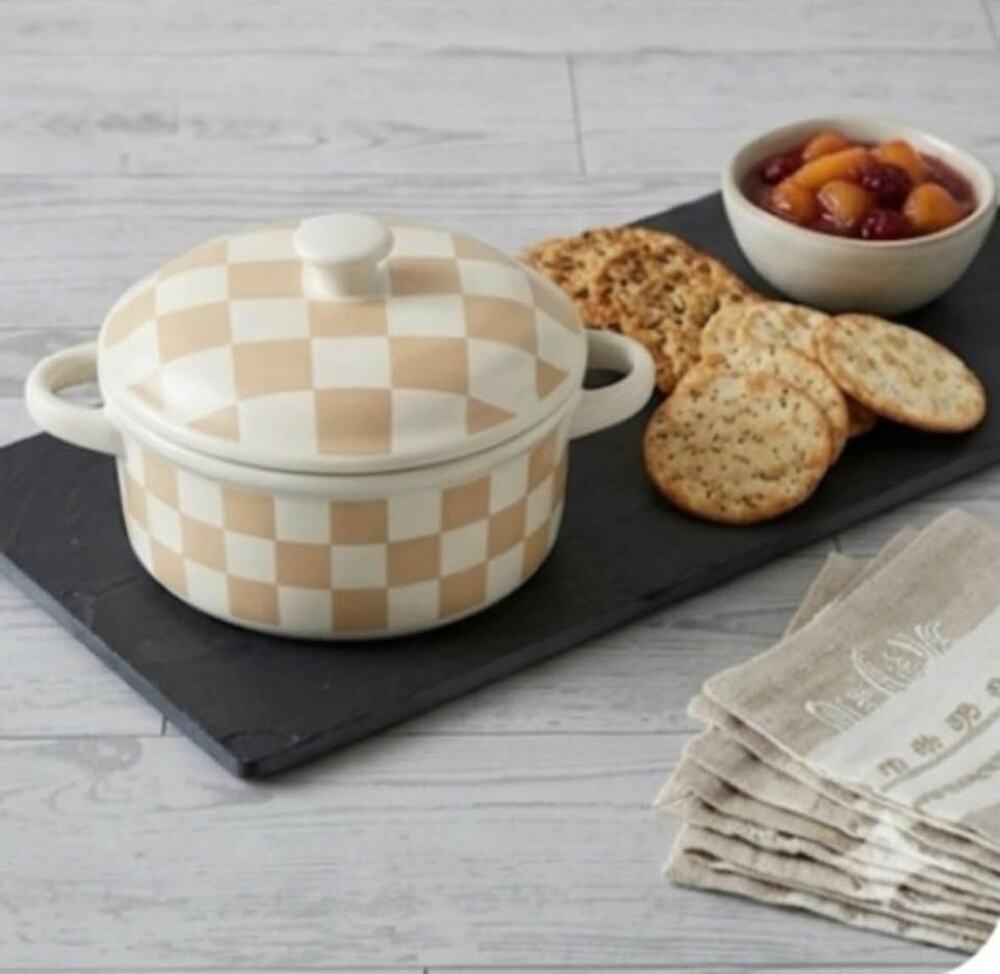 New La Cucina 2-Piece Checkered Mini Brie Baker Set & Spreader Gift Set